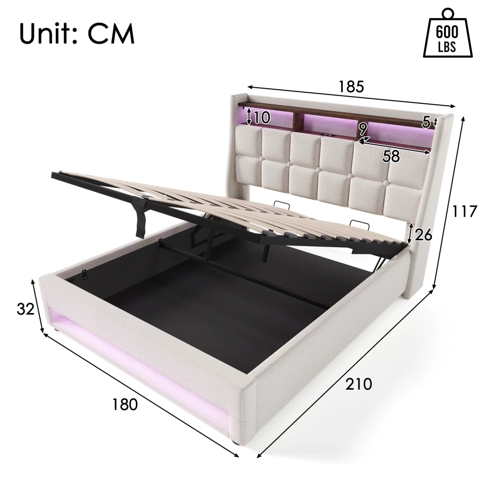 LETTO Contenitore 180x200 cm Beige in lino con USB e LED
