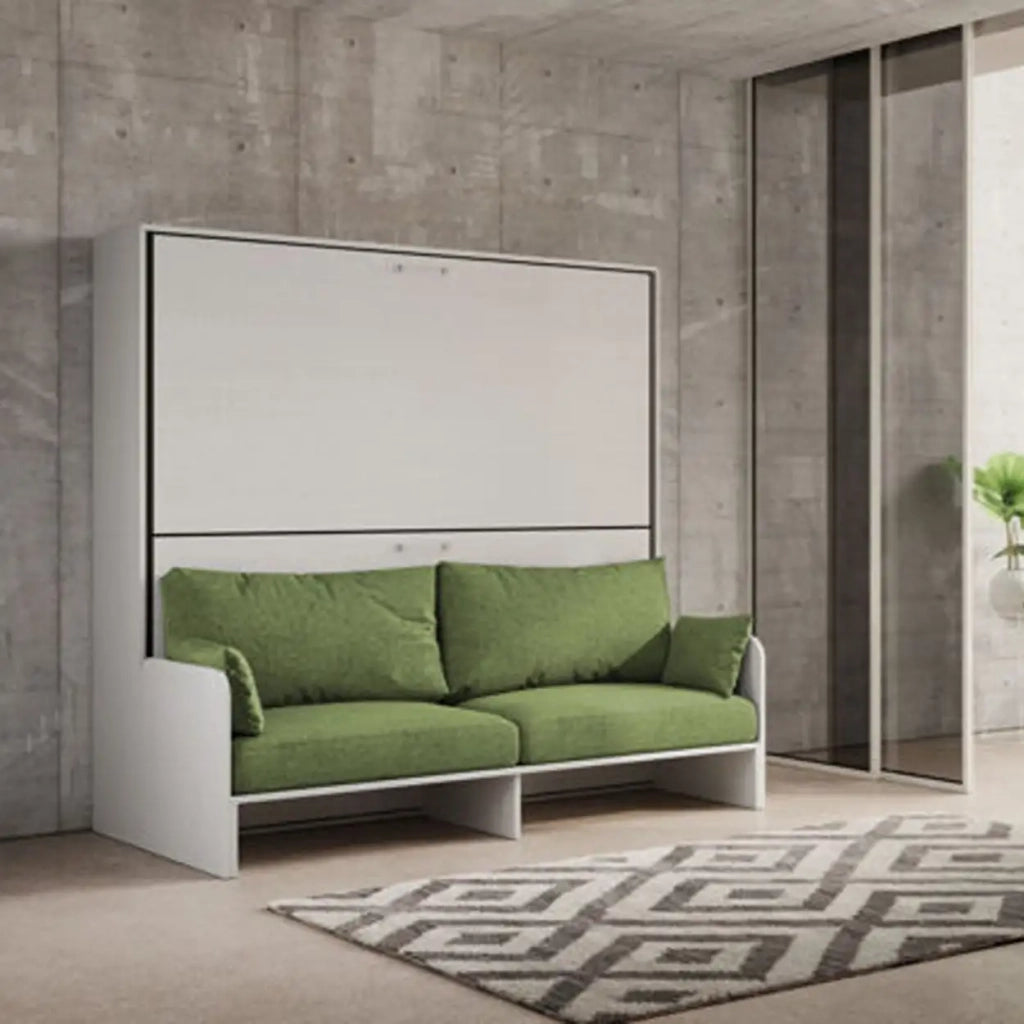 Letto doppio a scomparsa Kando con divano bianco frassino, verde