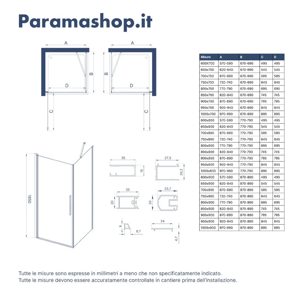 Box doccia 70x80cm con apertura a battente e parete fissa, profili nero opaco e vetro da 6mm trasparente h195 | Elba