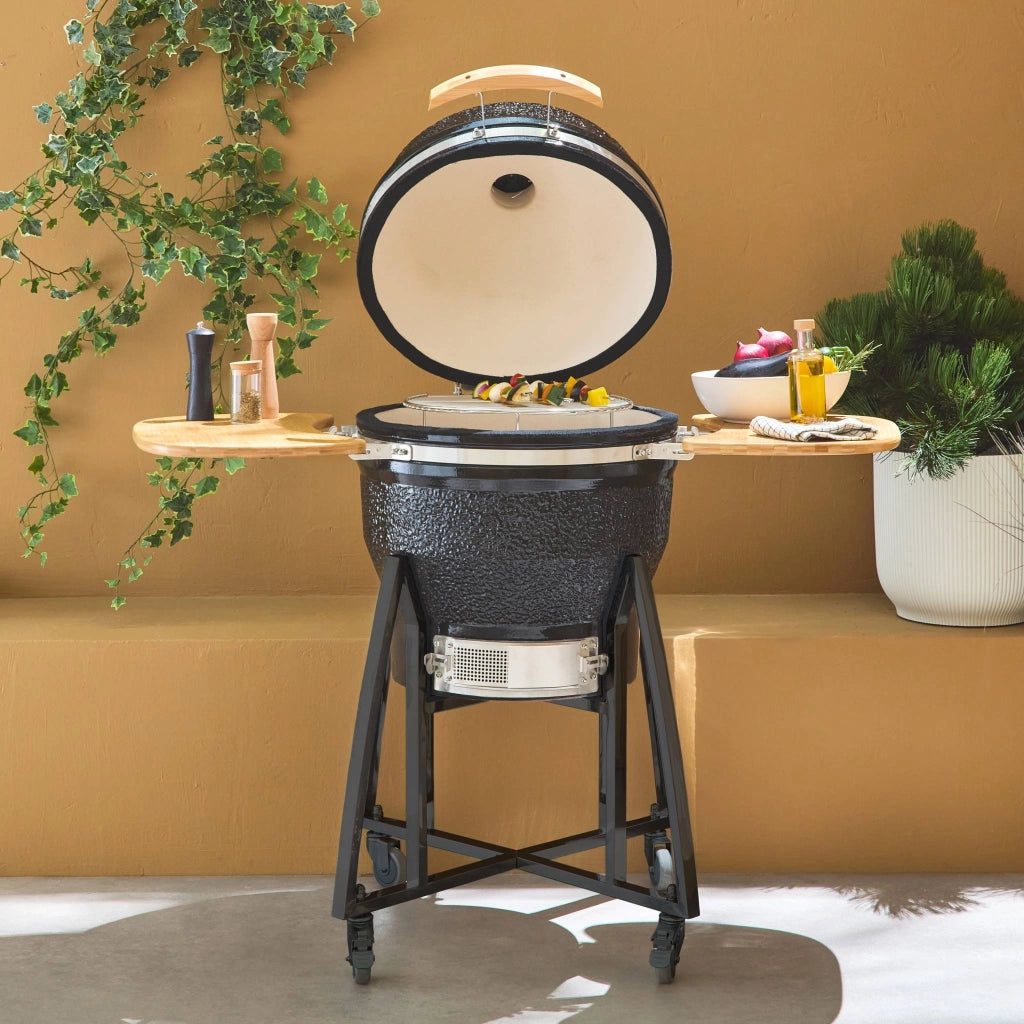 Barbecue a carbone, griglia e affumicatore, ceramica 54,5cm con ruote,