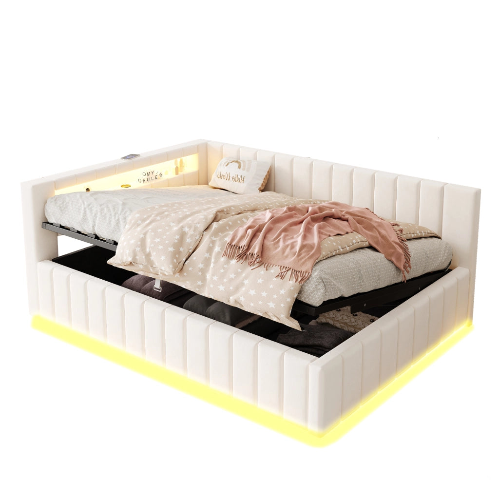 LETTO Contenitore 140x200 cm Imbottito Beige con LED, USB e Schienale