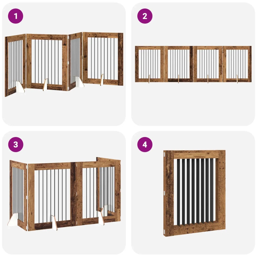 Cancello per cani pieghevole con supporti 4 pcs Legno antico 892047