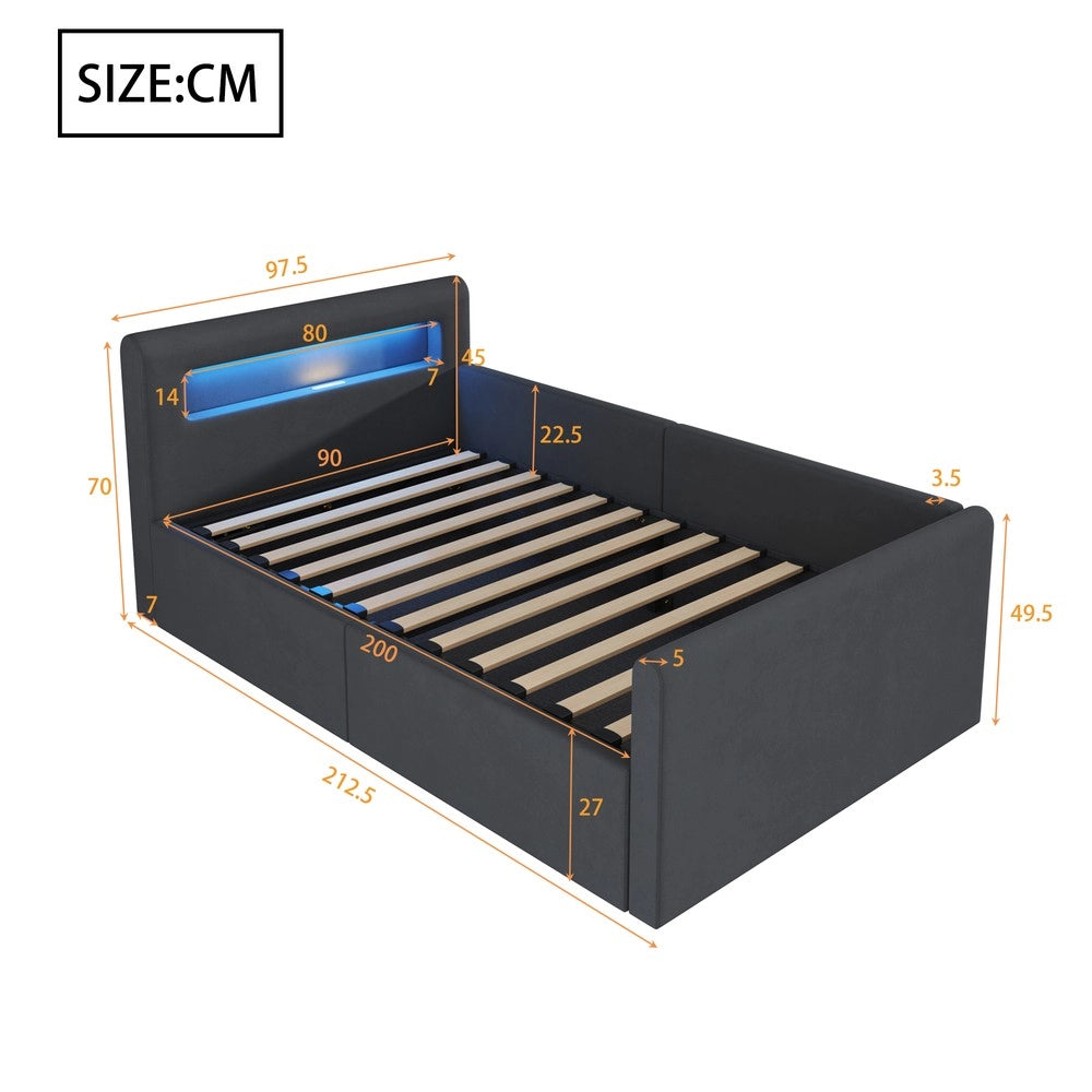 Letto Singolo Imbottito con LED, USB e Contenitore Idraulico ¨C MINIMAL ¨C Velluto Grigio Scuro 90x200