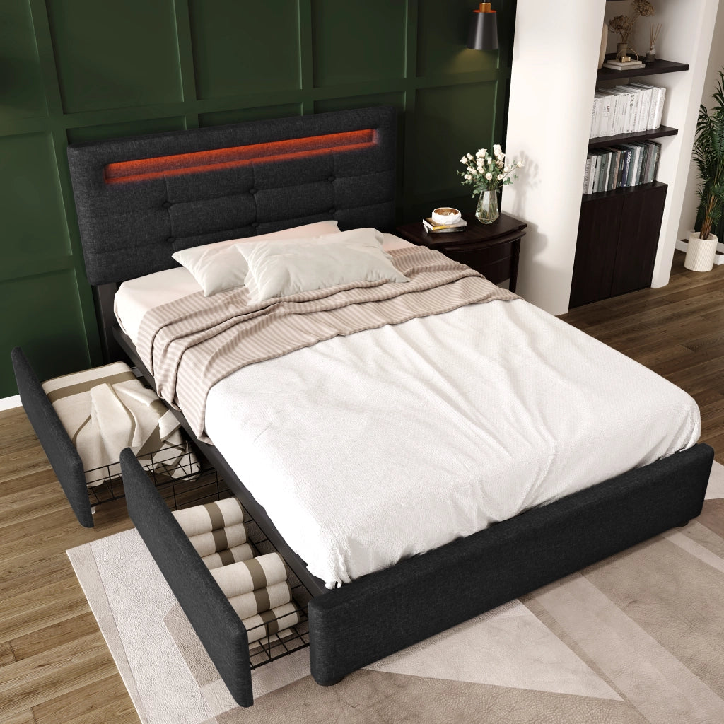LETTO singolo 90x200 cm con LED, 2 cassetti, lino nero