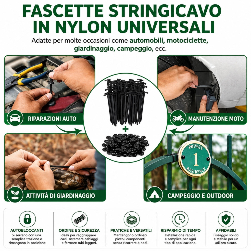 50 Fascette Nylon con 50 Fibbie a Rivetto per Auto Moto e Cablaggi
