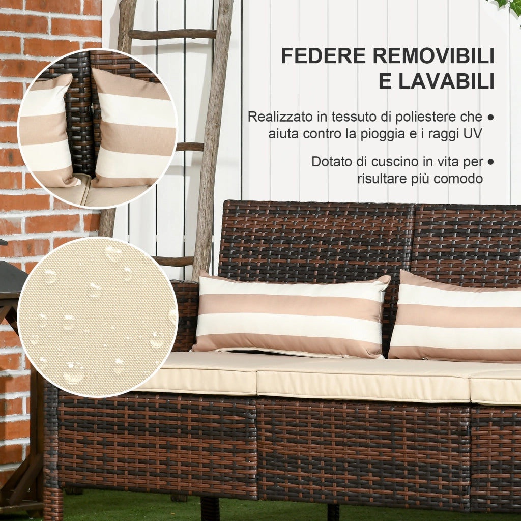 Divano 3 posti da esterno in rattan PE ¨C Xylo ¨C marrone, cuscini imbottiti sfoderabili, 173x68x78 cm
