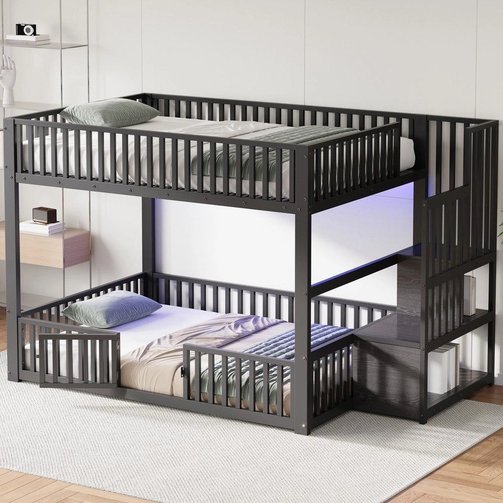 Letto a Castello con LED e Scala Contenitore ¨C Xylo ¨C Nero 140x200