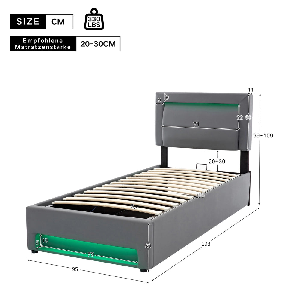 Letto imbottito con USB; LED e contenitore; per materasso 90x190 cm; PU grigio