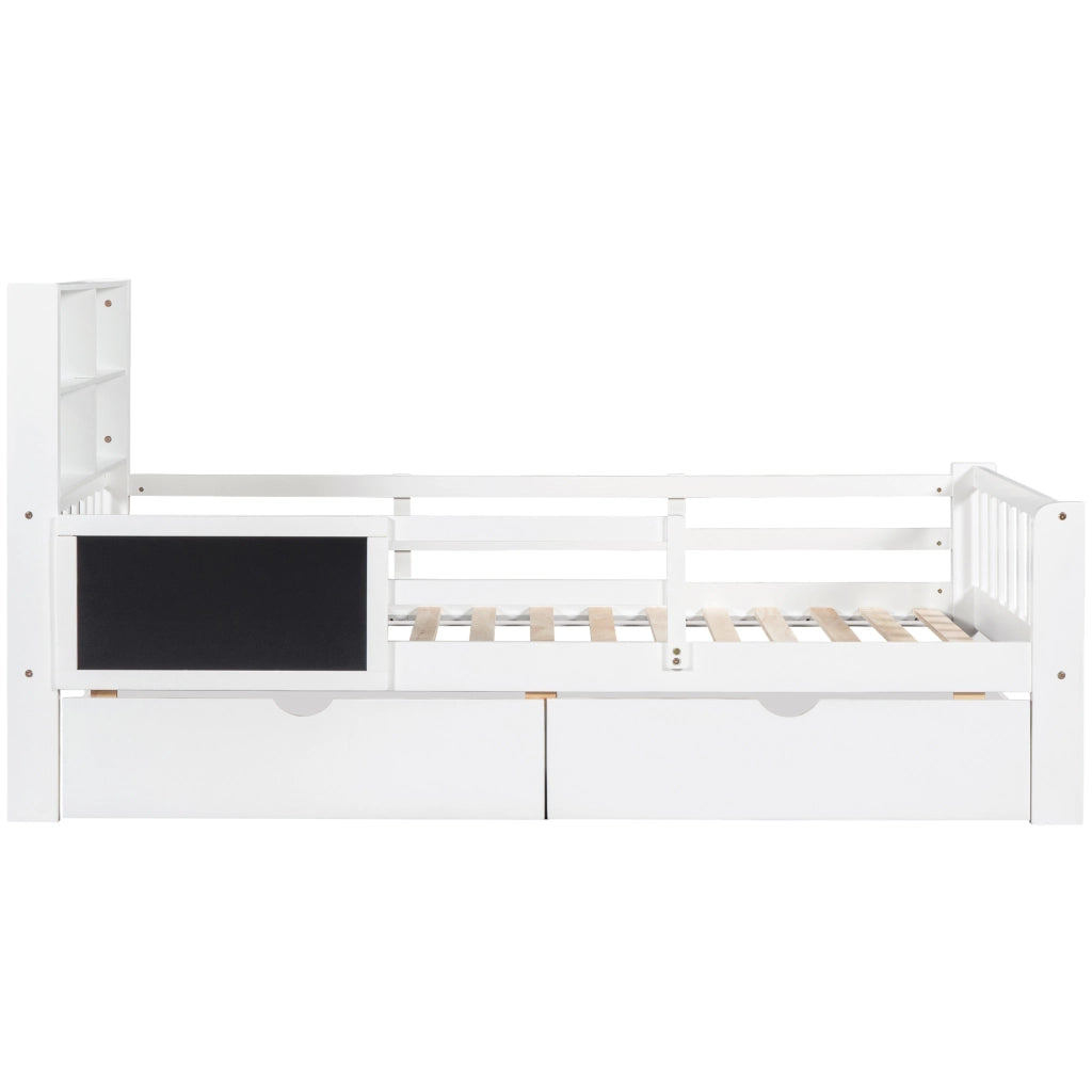 LETTO per bambini 90x200 cm bianco con lavagna, 2 cassetti e sponda di sicurezza