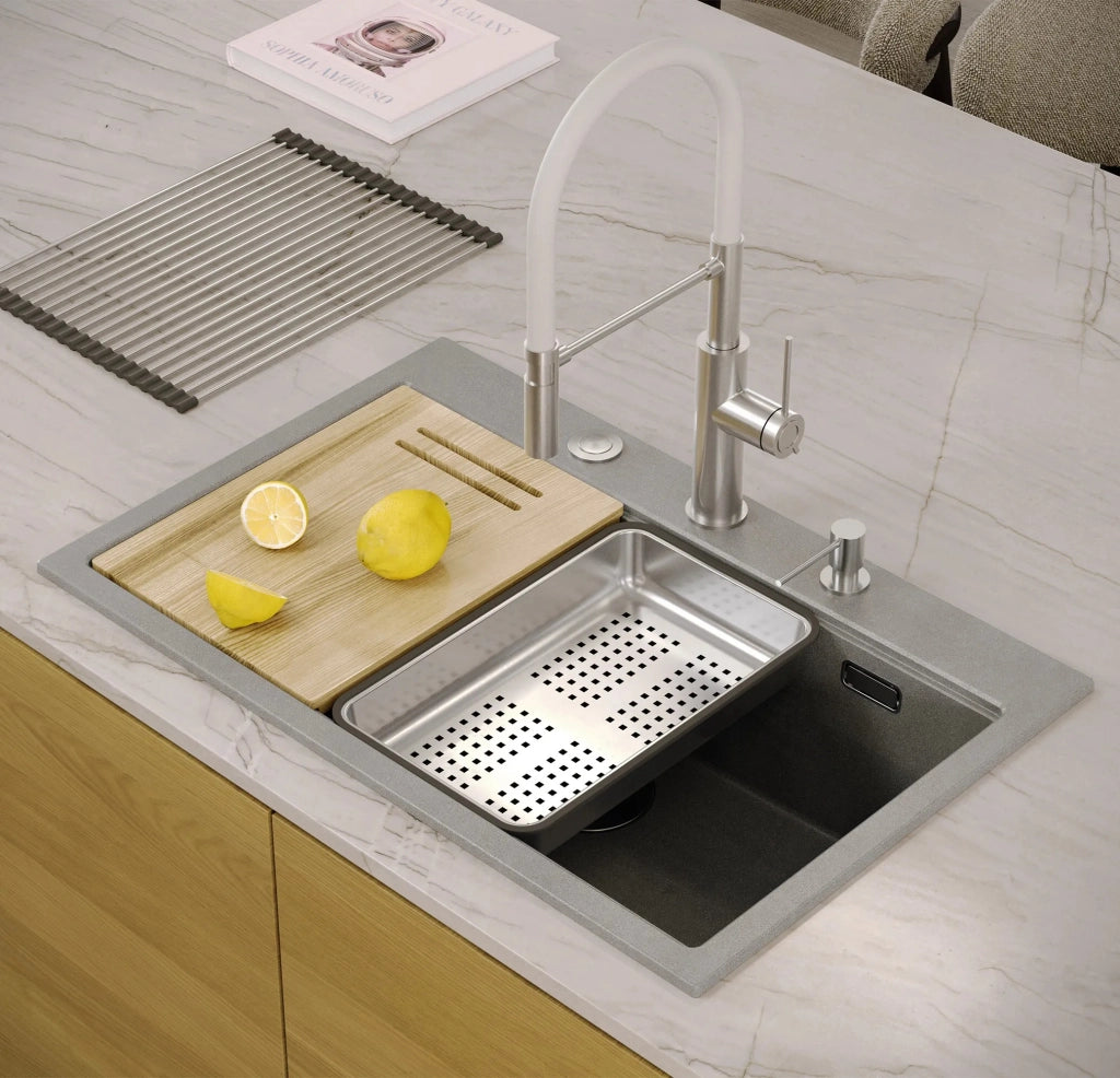 Lavello In Granito Marc 110 Workstation Grey Metallic Tappo rame spazzolato