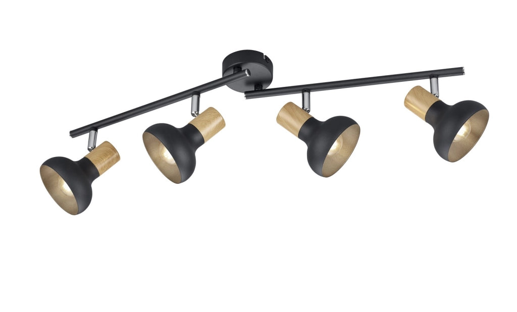 Plafoniera barra LATIKA 4 faretti nero/legno chiaro E14