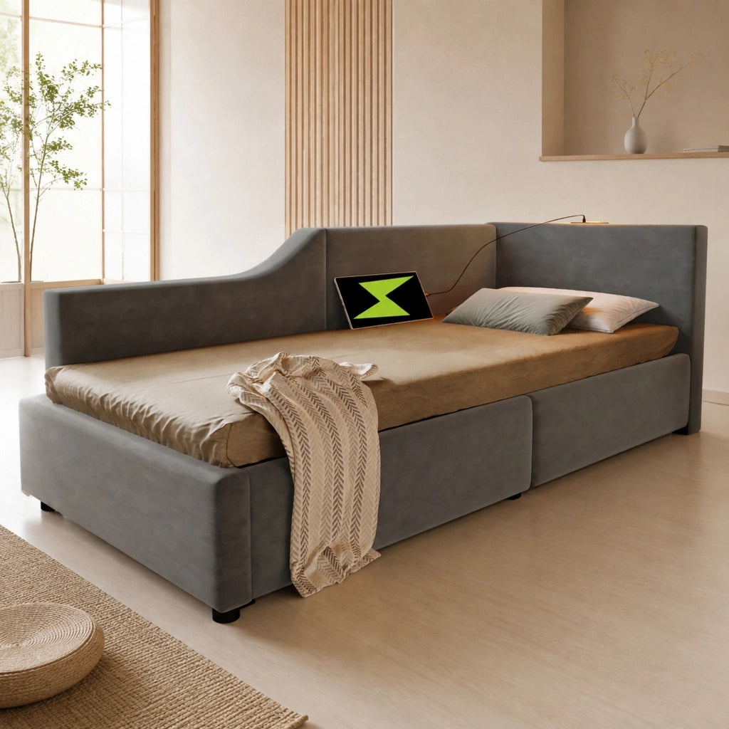 LETTO Contenitore 90x200 cm in velluto grigio con lampada da lettura e USB-C