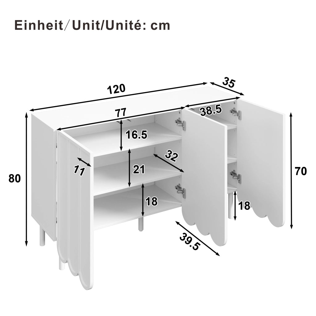 SIDEBOARD con Ante Ondulate 120x35x80 cm MDF Bianco con Ripiani Regolabili