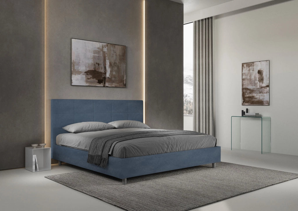 BS COM Letto matrimoniale king size contenitore imbottito 180x190 microfibra blu