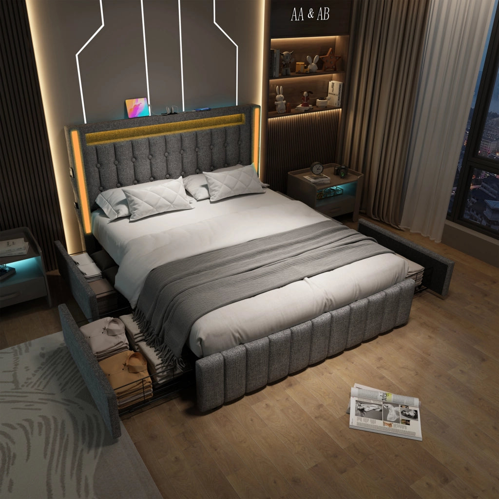 LETTO imbottito 140x200 cm grigio in lino con USB-C, LED e 4 cassetti