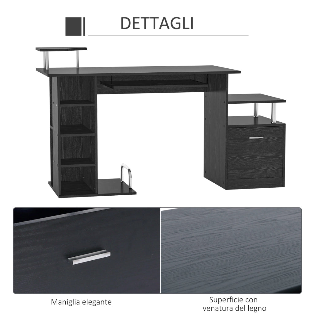 Scrivania per Computer Moderna con Cassetti e Ripiani ¨C Minimal ¨C Legno Nero 152x60x88cm