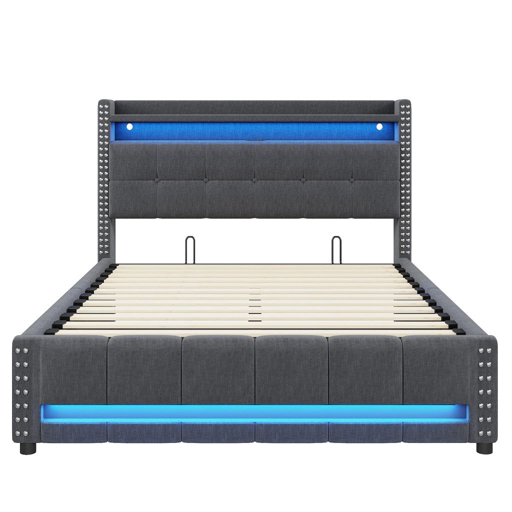LETTO imbottito 160x200 cm grigio con LED, USB e contenitore