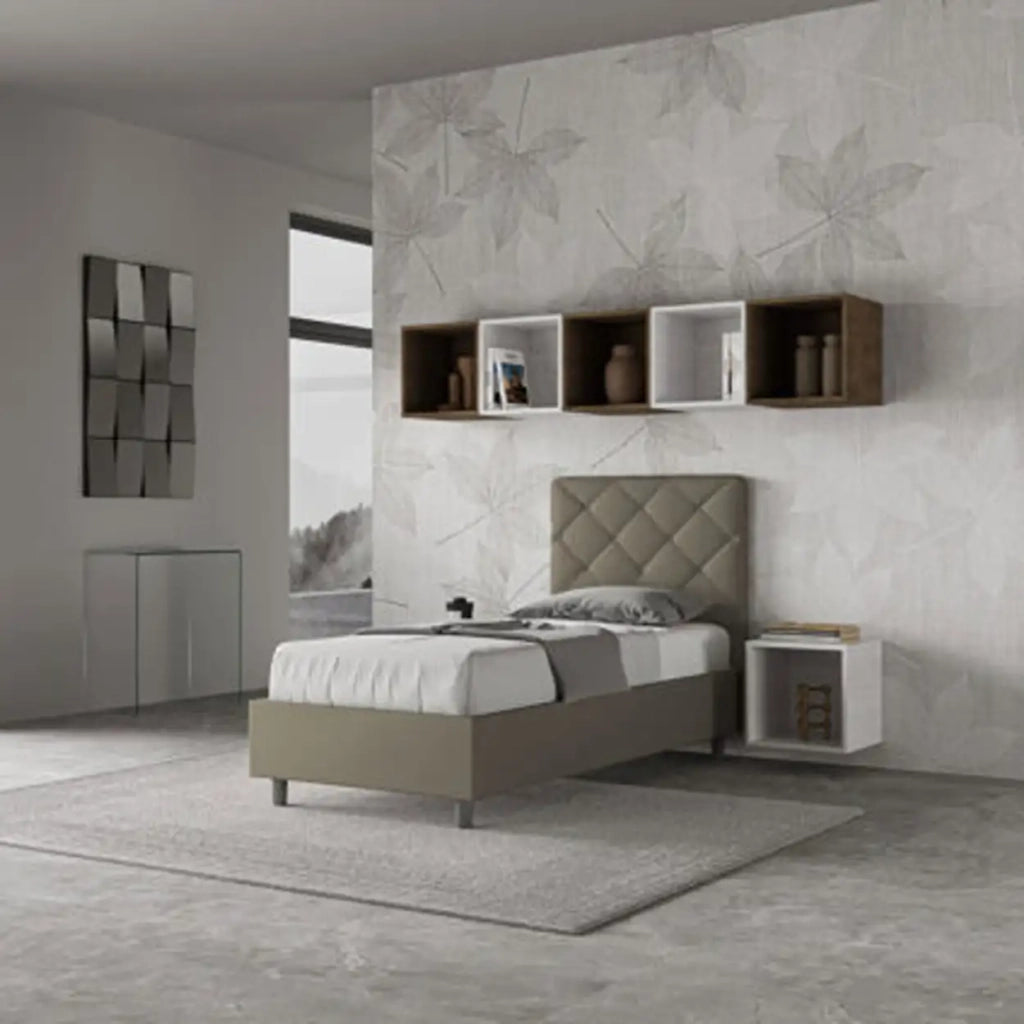 Letto singolo contenitore imbottito 90x200 similpelle cappuccino Priya