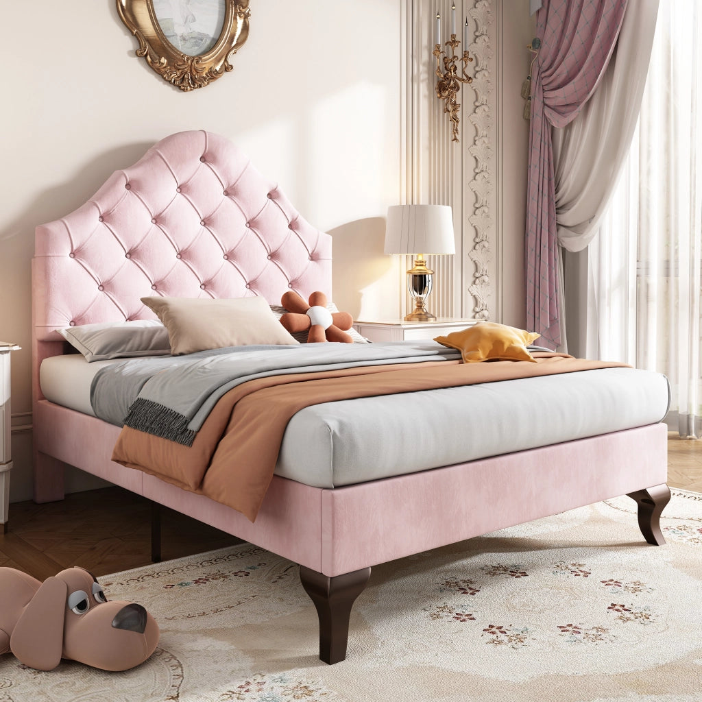 LETTO Imbottito 90x200 cm in velluto rosa con testiera regolabile