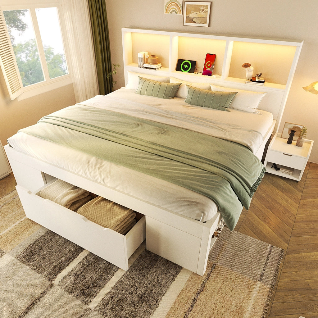 Letto funzionale con LED e USB-C - Zephmum- 140x190 cm- Bianco- Con cassetti e ripiani