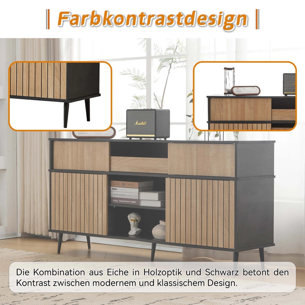 Credenza con 4 ante scorrevoli, 1 cassetto e ripiani regolabili per soggiorno, nero e naturale, 160 × 40 × 80 cm
