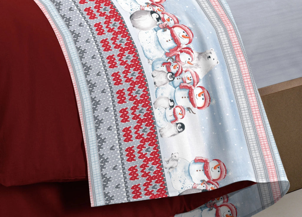 Completo Lenzuola Letto Pensieri Delicati 100% Cotone Dis. Inverno Polare - Singolo - Rosso