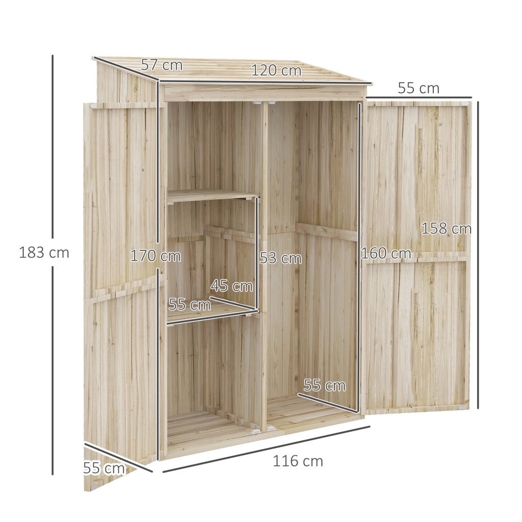 Casetta da Giardino in Legno di Abete con 2 Porte e Ripiani, 120x57x183cm, Naturale