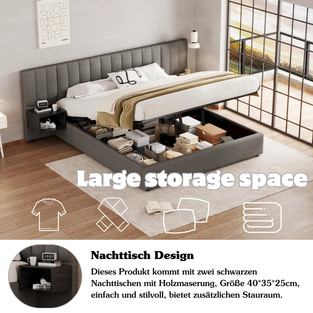 LETTO Contenitore 180x200 cm in lino grigio e nero con 2 comodini