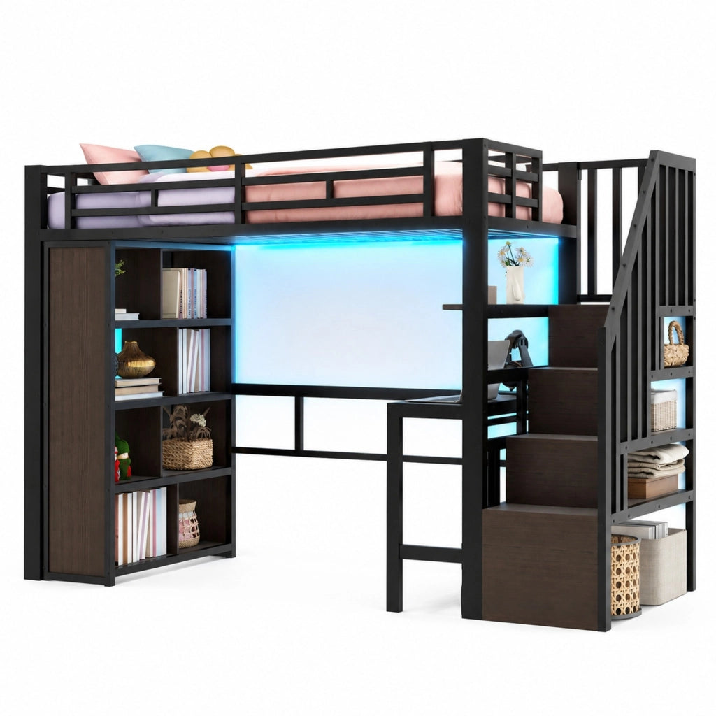 Letto a soppalco 90x200 cm con scrivania; ripiani; scala contenitore e LED; nero