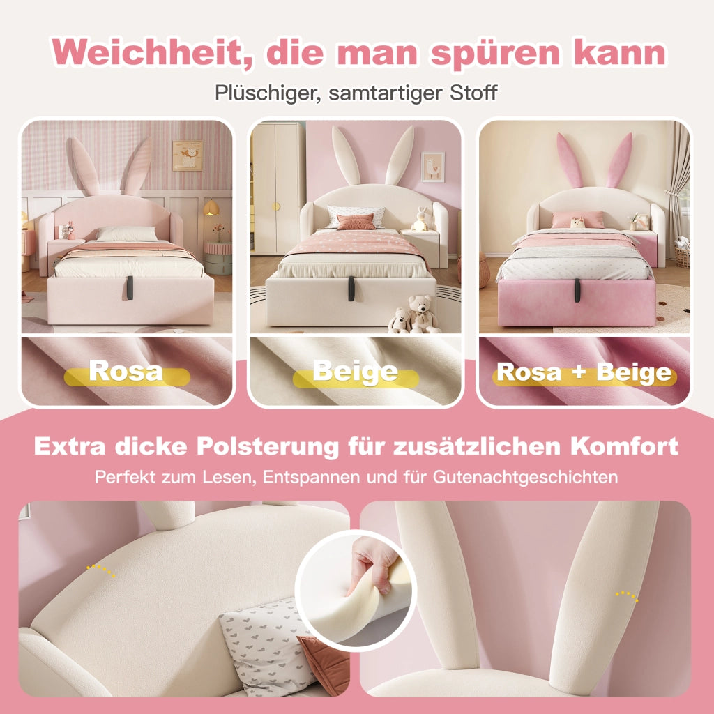 LETTO 90x190 cm per bambini in velluto beige con contenitore e comodino