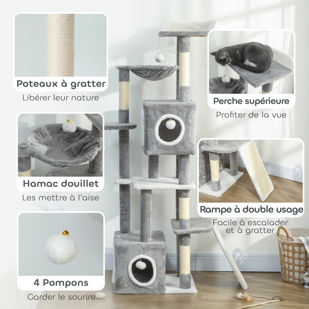 Arbre ¨¤ chat con 2 nicchie, piattaforme, amaca, scala e 4 pompon ¨C zephmum ¨C 165 cm grigio