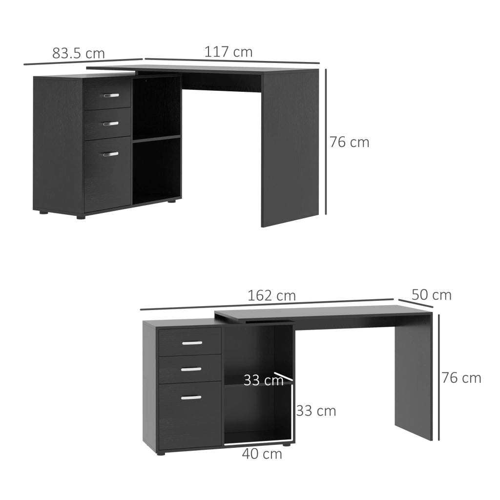Scrivania Angolare per PC con Cassetti e Ripiani ¨C Minimal ¨C Legno e Metallo, 117x83.5x76 cm, Nero