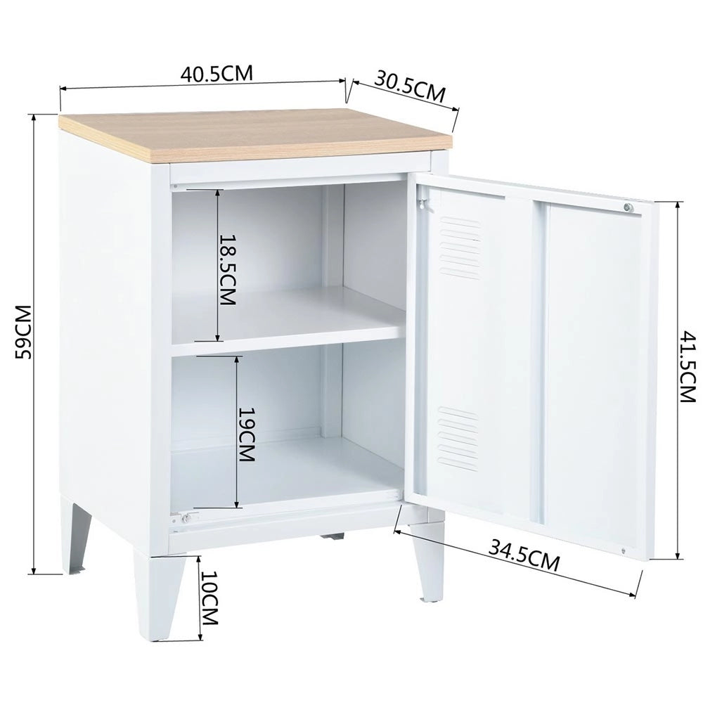 Mobiletto Comodino in Metallo e Legno MDF 2 Ripiani + Anta Design Moderno Bianco