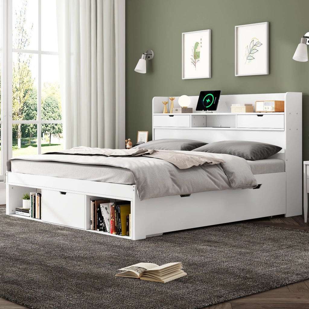 Letto doppio - Zephmum - 140x190cm - Bianco - USB, cassetti, armadio