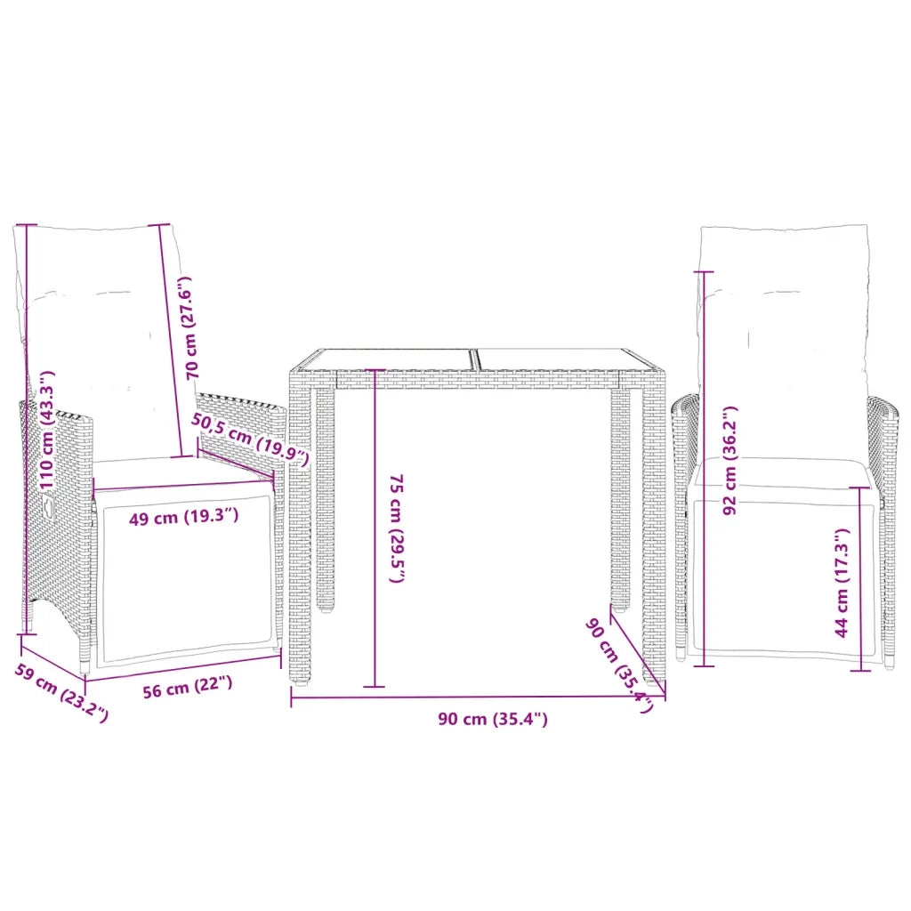 Set da Bistrò da Giardino 3 pz con Cuscini Beige in Polyrattan