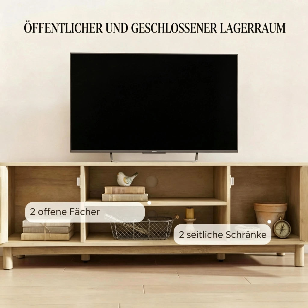 Mobile TV con vani aperti e armadietti; rattan e pannello truciolare color rovere per TV fino a 65 pollici 135 × 39 × 45 cm