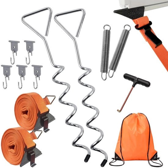Imbottigliatura per stormo - Kit di fissaggio per luogo di riposo - Fissaggio per tenda - Fissaggi per caravan - Protezione contro il vento - Avviso di sicurezza in condizioni di vento forte - Fissaggio per luogo di riposo