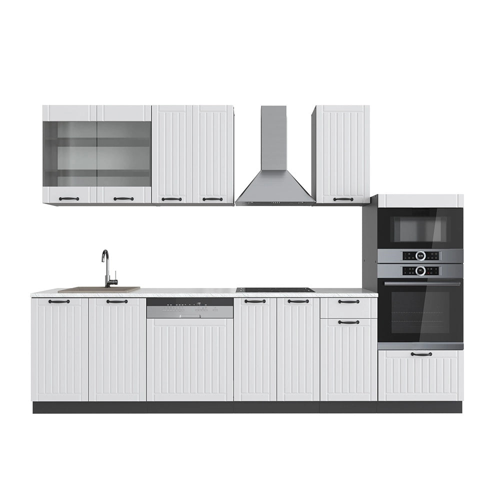 Cucina componibile Fame-Line Bianco rustico/Antracite 300 cm con armadio alto, senza piano di lavoro Vicco