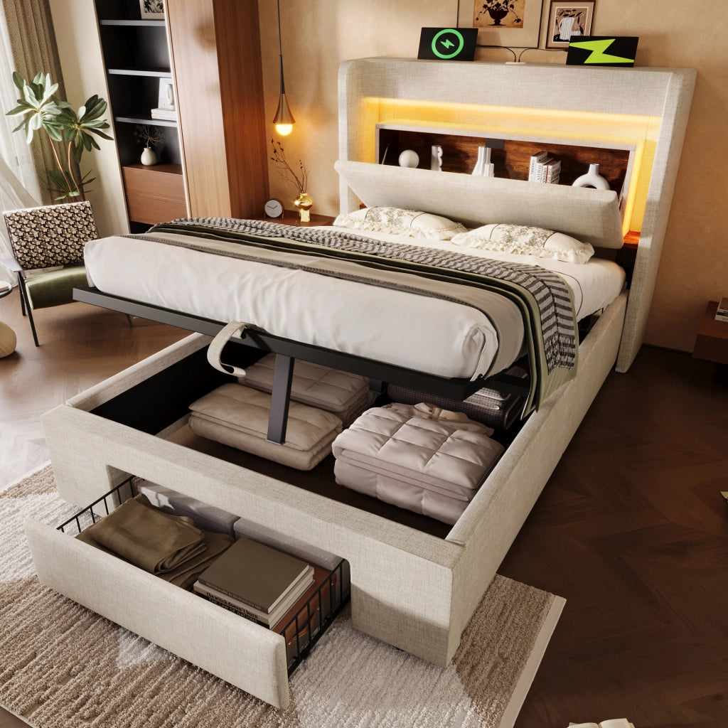 Letto imbottito 90x200 idraulico LED USB/Type-C lino beige