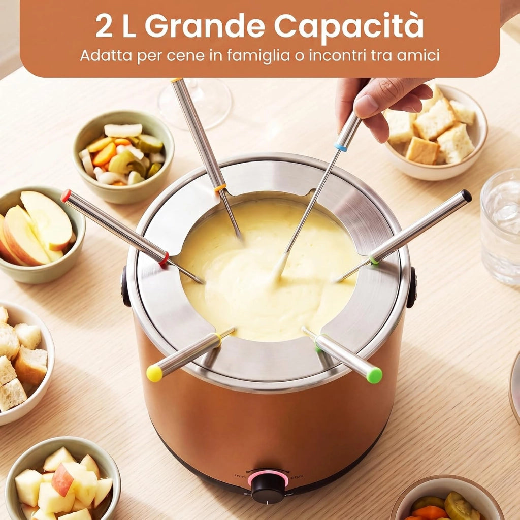 800W Fonduta Elettrica in Acciaio Inox con Anello Paraspruzzi
Pentola di Cioccolato Elettrica con 6 Forchette e Maniglia, Protezione Surriscaldamento, Fonduta per Formaggio, Hotpot