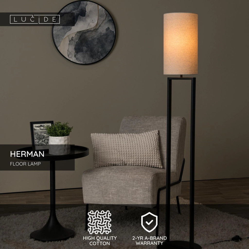 Lampada da terra HERMAN japandi beige nera E27 Lucide