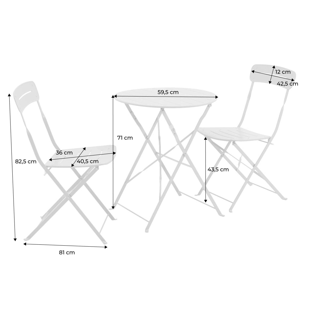Set tavolo da giardino bistrot pieghevole rotondo in acciaio, 2 sedie,