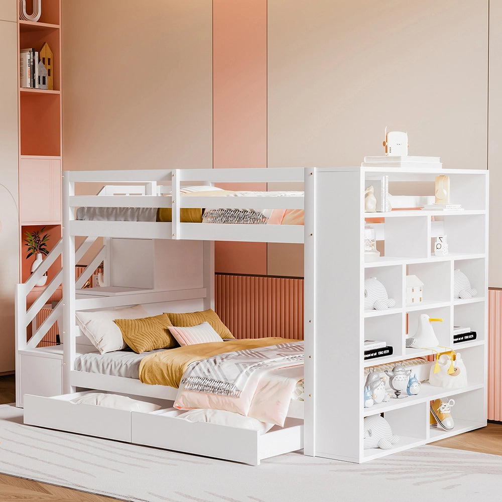 Letto a castello 90x200 cm - Xylo - Bianco con scala di sicurezza e cassetti