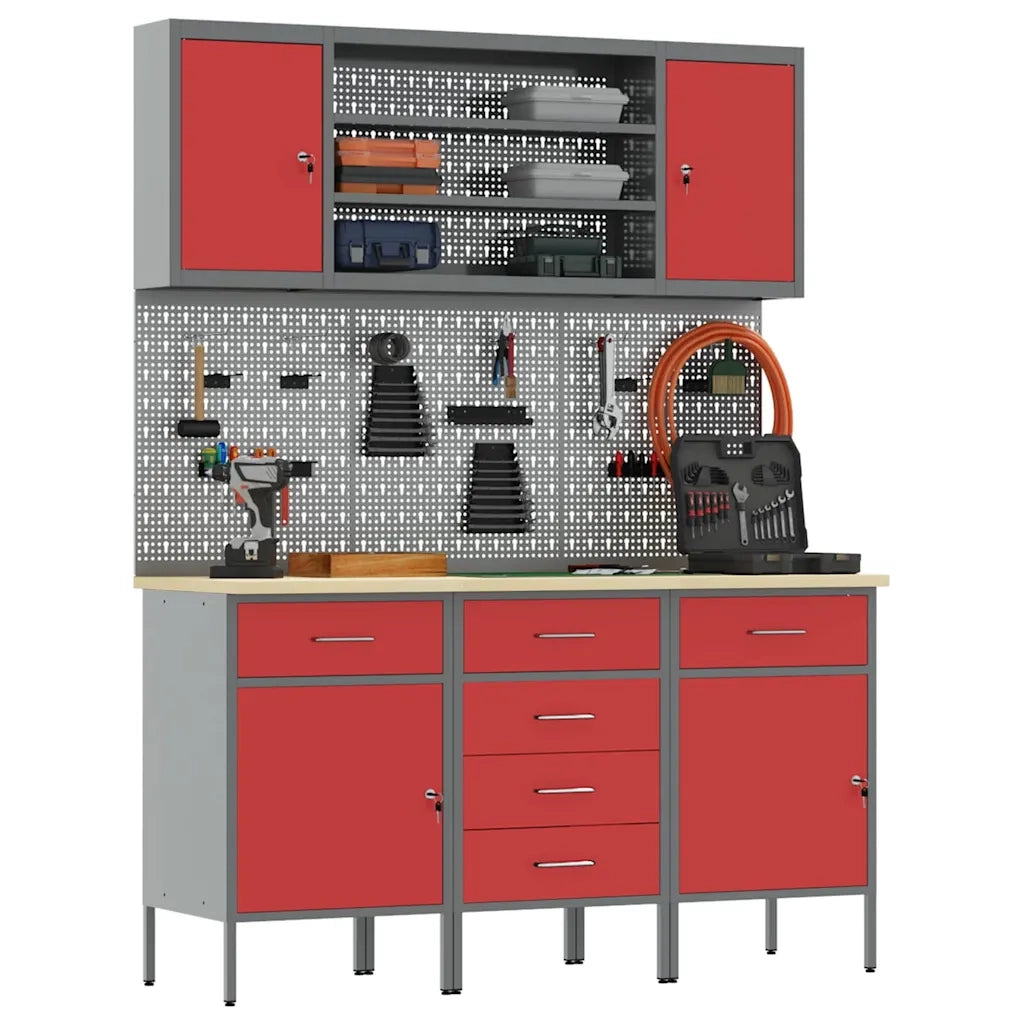Mobile da lavoro 7 pcs Rosso Legno ingegnerizzato e acciaio 3321443
