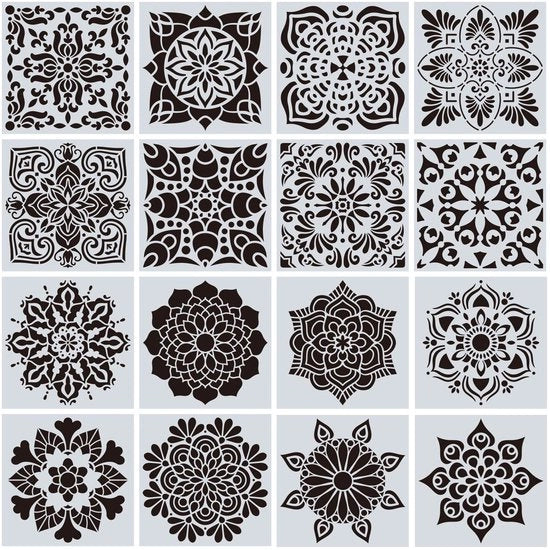 Set di stencils riciclabili 16 pezzi - taglieria laser - stencil per dipintura - stencil per parete - stencil per legno - materiale PET ecosostenibile - stencil in plastica.