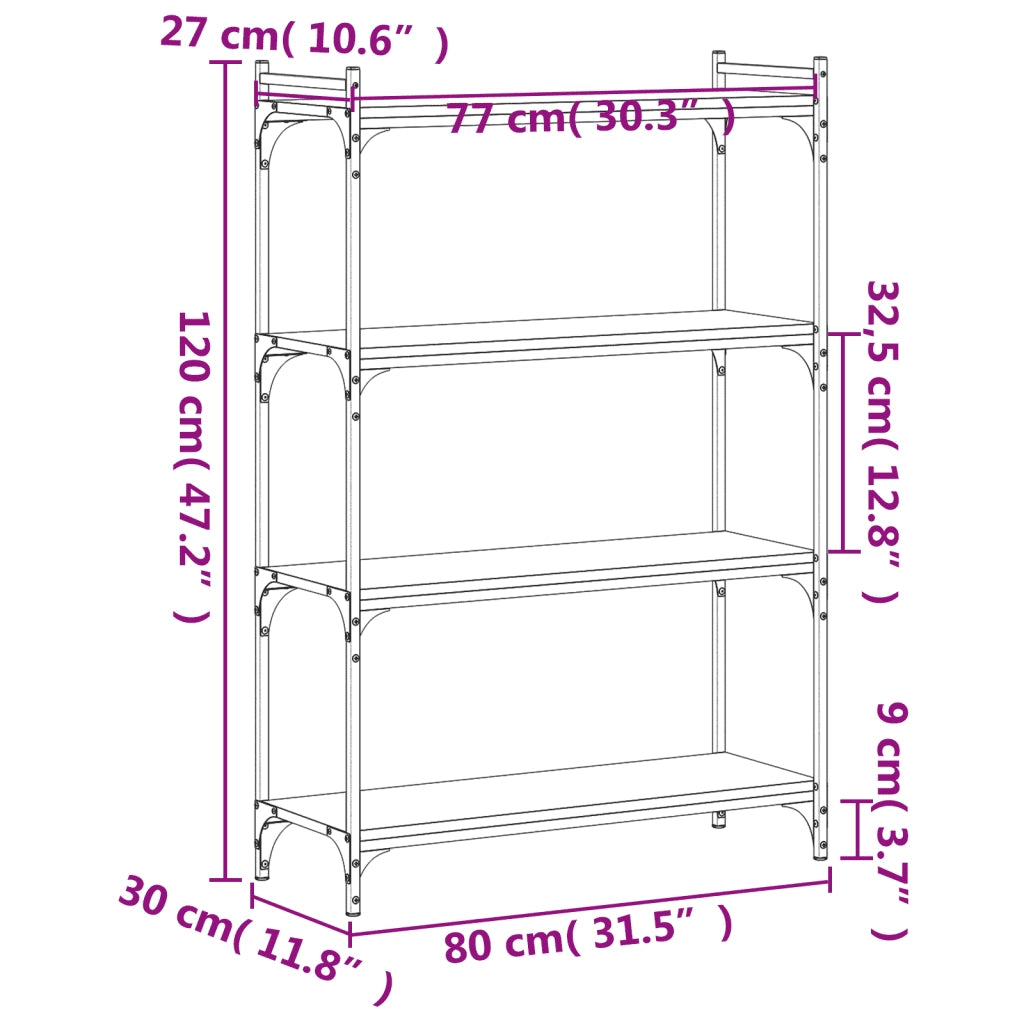 Libreria 4 Ripiani-Scaffale per Libri-Mobile di Stoccaggio Rovere Marrone 80x30x120cm Legno Multistrato