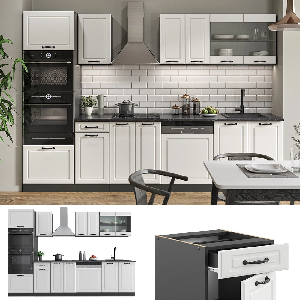 Vicco Cucina componibile Bianco casa di campagna/antracite 300 cm con armadio alto, PL Antracite