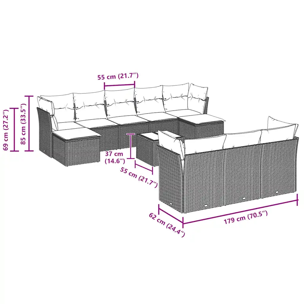 Set Divani da Giardino 11 pz con Cuscini in Polyrattan Grigio 3218342
