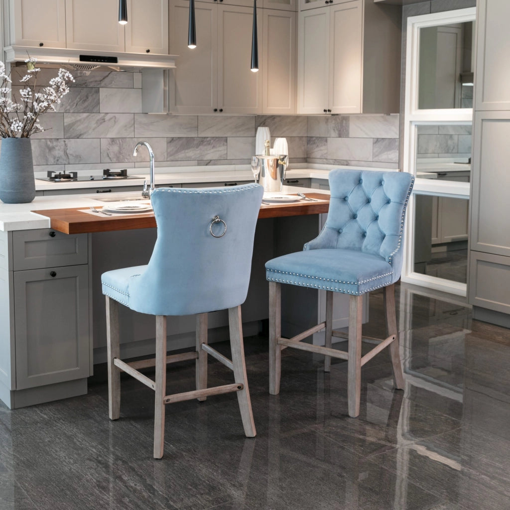 Sgabelli da Bar in Velluto con Gambe in Legno ¨C MINIMAL ¨C Set 2 Pezzi, Azzurro Chiaro