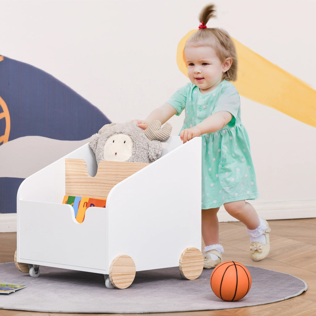 Libreria Bambini per Giocattoli 2 Scomparti con Ruote ¨C Minimal ¨C 40x43x43 cm Bianco e Naturale